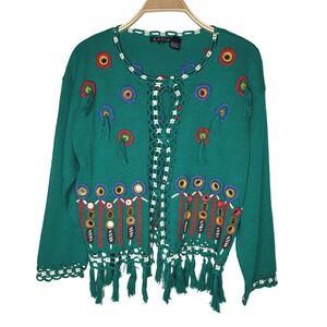 Rafia Embellished Tassel Knit Sweater Teal Green Crochet Lace‎ V-Neck Size M